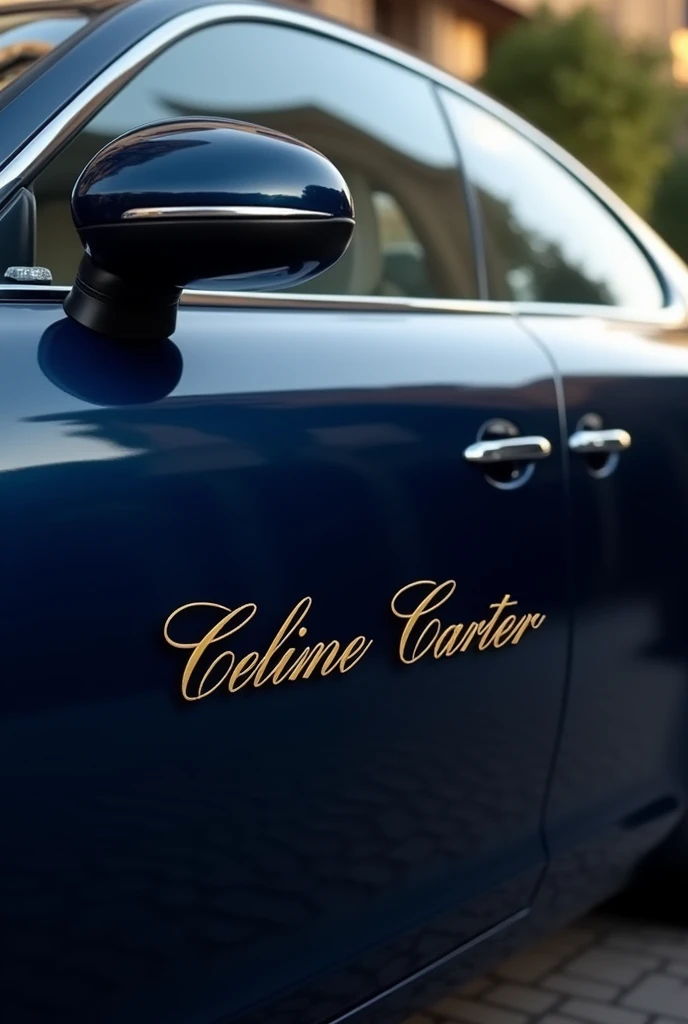 A navy blue luxury car with Celine Carter written on the door in medium-sized cursive writing