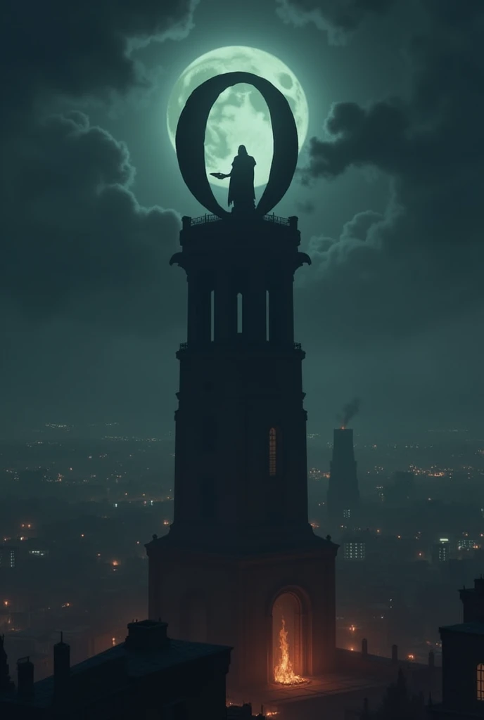Omega symbol on top of a tower at night and with fire