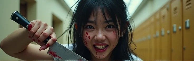 Angry Asian girl laughing with a knife in her hand and blood on her face at school