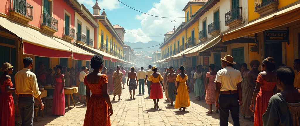 Create an image of a typical Haitian house, ATABEY couturière du quartier où tout le voisinage vient faire coudre ses tissus. Deux voisines qui ramènent leurs tissus pour les faire coudre, profite de l'occasion pour parler de leur vie privée. Atabey assise sur sa machine à coudre en bois a pedales Elles sont joyeuses. Colorful frame