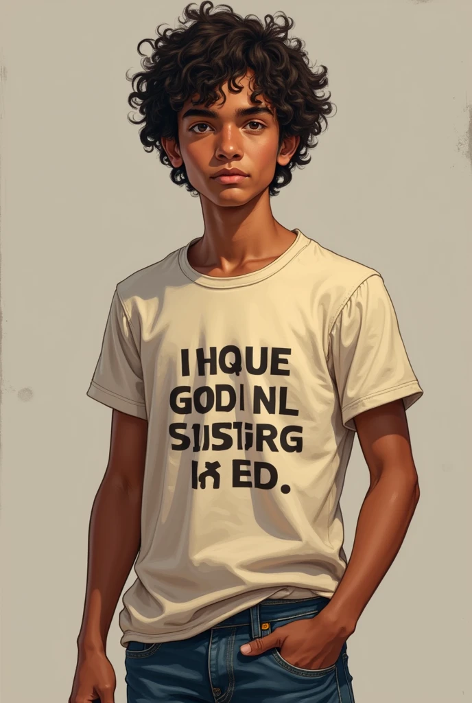 physical description: Gabriel is an 18 year old boy, Of medium height, with dark curly hair, brown eyes and dark skin. He dresses simply, usually wearing t-shirts printed with activist messages and jeans.