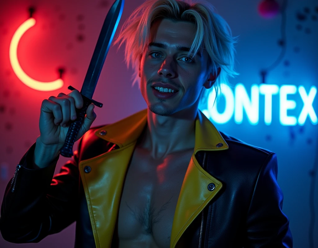 male model,181cm tall, 22 years, pale skin, blue eyes, short platinum blond messy hair with side swept bangs, black leather asymmetrical zip jacket with yellow and bright blue leather accents, holding a dagger up:1.2, dark lighting, inside luxury BDSM room, evil amused expression, shark teeth, neon red crescent moon and blue neon sign in background that says "CONTEXT"