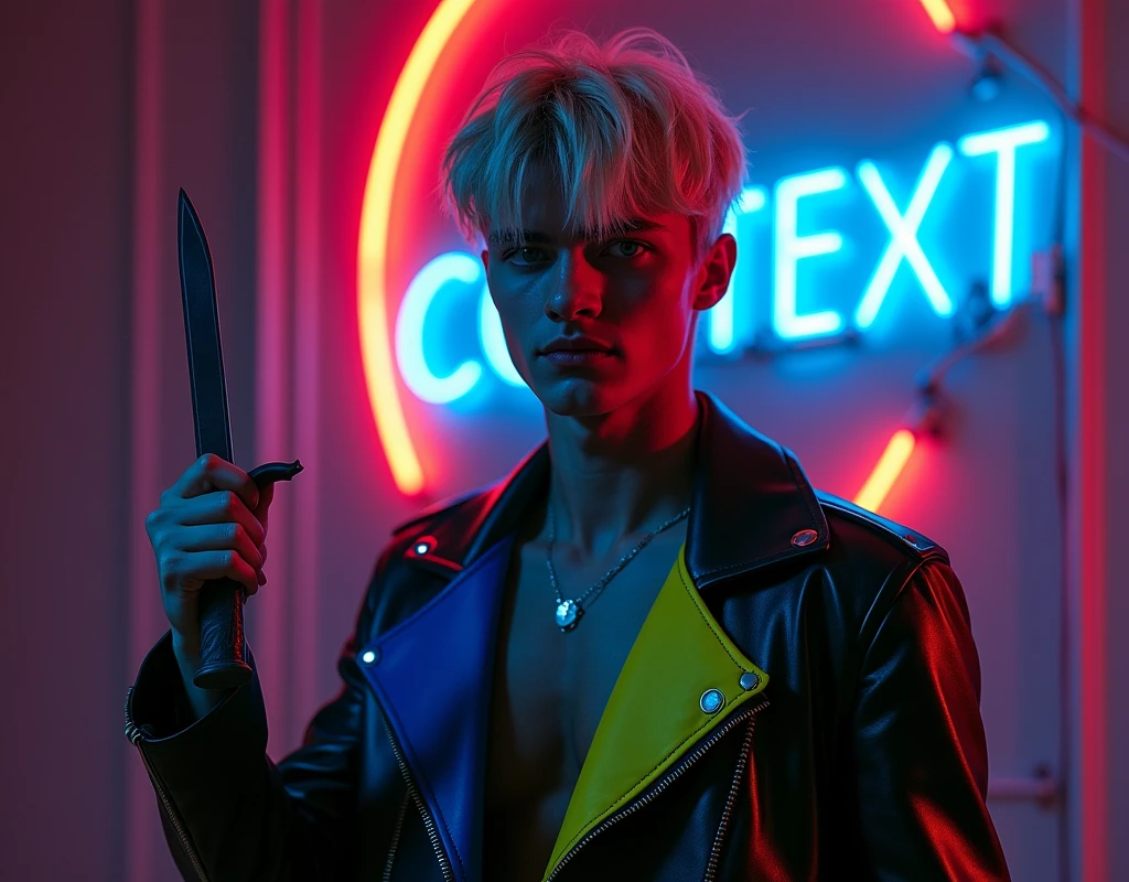 Photorealistic, dark vibes, solo, young man, 22 years, pale skin, model (skinny:1.3), (short layered platinum blond hair:1.5), (black leather jacket:1.3), dark lighting, incubus, sexy, (neon letters C N T X:1.4), night club setting, BDSM background
