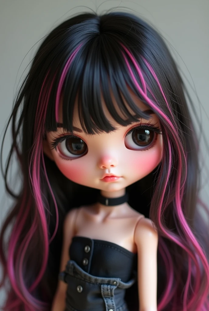 asian blythe doll mediom shortish straight hair with face framing and bangs that hase kind of soft alternative style with mostly black and gray outfit and has pink stripes in her dark brown hair and has black eyes with fair light tan skin color and tube top 