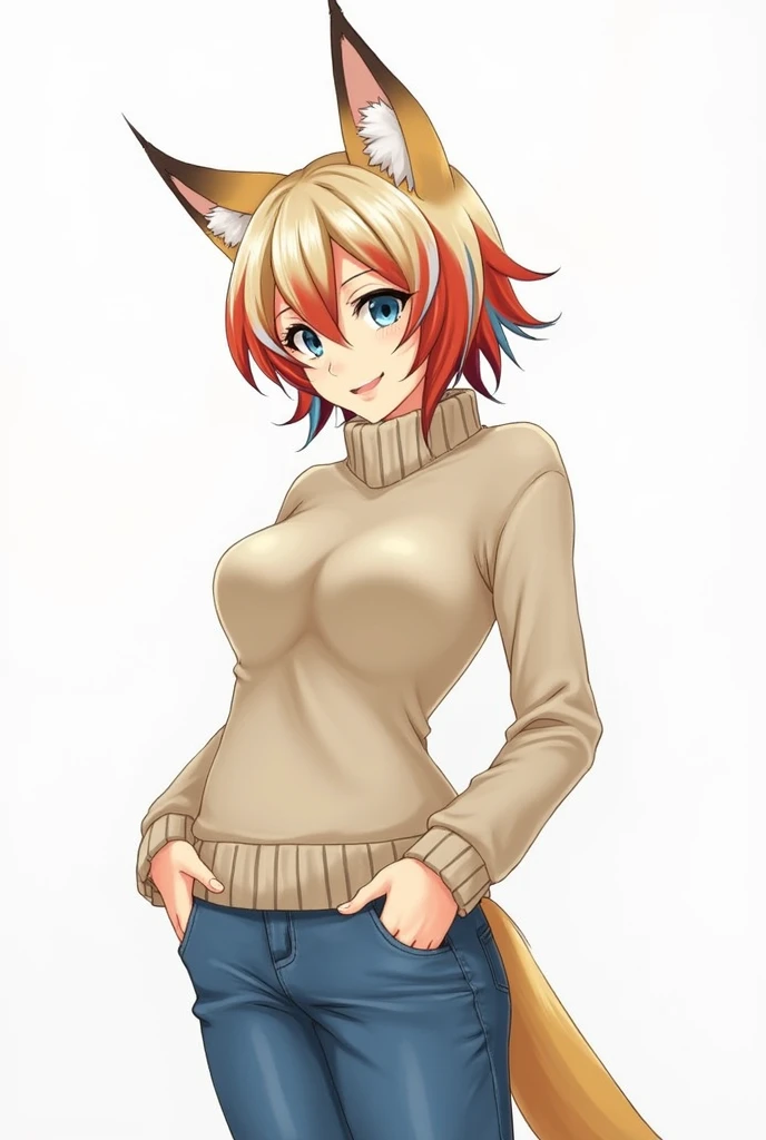 muse_style, 1girl, solo, digital_media_(artwork) hi_res, score_9, score_8_up, score_7_up, rating_safe, beautiful, anthro, furry, female, furry female, detailed textured fur, fur tufts, lynx, slim, slender, small breasts, cute, sweater, denim jeans, multicolor hair, streaked hair, red blue blonde silver hair, blonde fur, beautiful blue eyes, smile, solo, SFW,