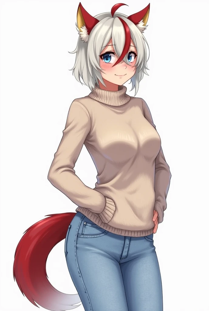 muse_style, 1girl, solo, digital_media_(artwork) hi_res, score_9, score_8_up, score_7_up, rating_safe, beautiful, anthro, furry, female, furry female, detailed textured fur, fur tufts, lynx, slim, slender, small breasts, cute, sweater, denim jeans, multicolor hair, streaked hair, red blue blonde silver hair, blonde fur, beautiful blue eyes, smile, solo, SFW,