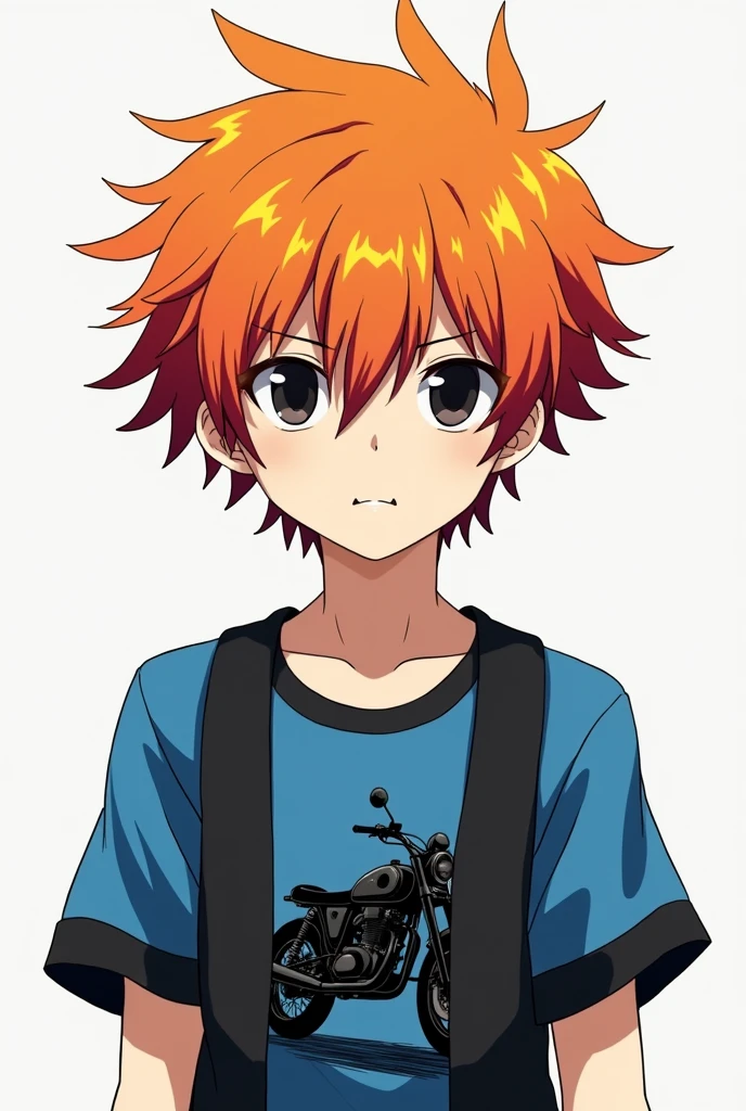 anime type boy with messy orange hair, with dull yellow and almost wine-colored red strands, which gives it a very striking and vibrant look. His skin is pale white, which contrasts with the intense color of her hair.

He wears a blue shirt with short black sleeves with a black drawing of a motorcycle., which suggests that he likes motorcycles or is passionate about speed. About the shirt, He wears a black vest, which gives it a touch of style. His eyes are black and seem to have no expression on his face. 