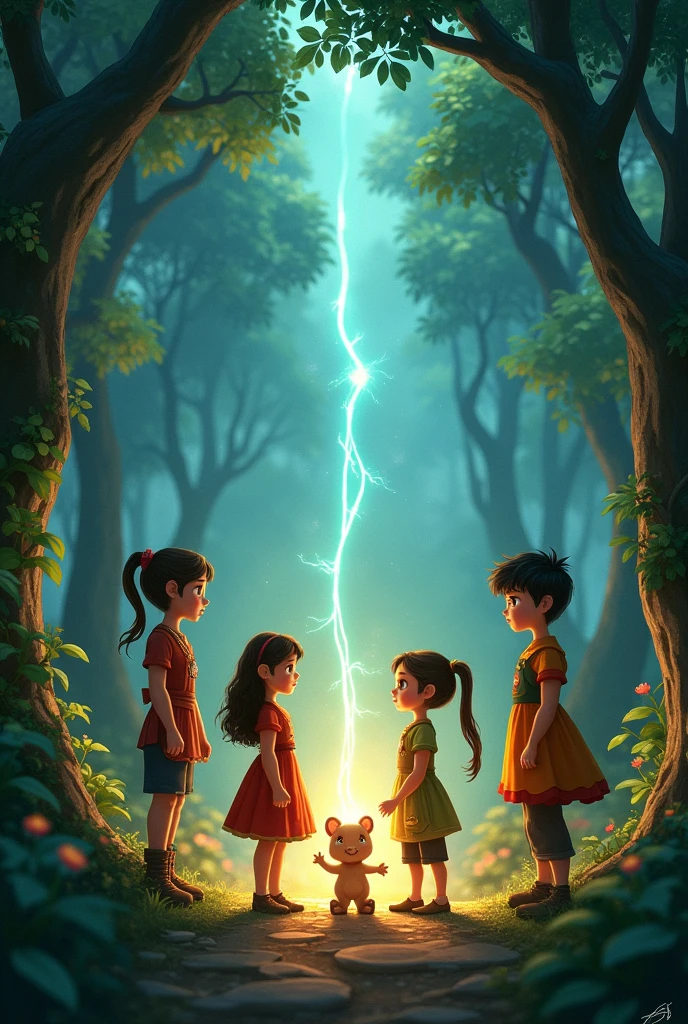 A spirited young girl from the Sunstone Tribe, A calm and wise boy from the Moonshadow Clan, A young girl from the Sky Wind Nomads, who can communicate with animals, A young boy from the Earthbound Village, known for his strength and connection to the earth. A young girl with a physical disability from the Starflower Meadows uses her inventive mind and a magical wheelchair to navigate the world, standing in a circle with Eldara in the Enchanted Grove, as the four artifacts glow brightly, their energies merging to restore balance to the land.