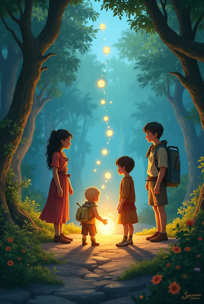 A spirited young girl from the Sunstone Tribe, A calm and wise boy from the Moonshadow Clan, A young girl from the Sky Wind Nomads, who can communicate with animals, A young boy from the Earthbound Village, known for his strength and connection to the earth. A young girl with a physical disability from the Starflower Meadows uses her inventive mind and a magical wheelchair to navigate the world, standing in a circle with Eldara in the Enchanted Grove, as the four artifacts glow brightly, their energies merging to restore balance to the land.