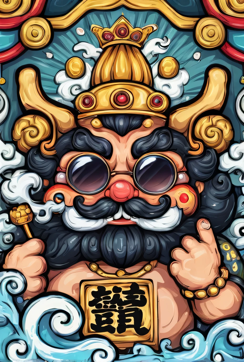 Vector art design inspired by [Young Giant, Big Golden Fangs, Pierced Ears, Full Body Tattoo, Black Beard] 1 character, seductive face, wearing sunglasses, mask should be in the center, with a king's crown and prominent facial features, smoking a cigarette, traditional Japanese patterns such as carp, laboo, slot, waves and gold and silver colors are placed on the background, perfectly combined with an aesthetic full of eye-catching elements such as beer, drugs, money, simple details. Raising the middle finger,[black background],[sticker,Logo] hiphop style dress up,T-shirt screen printing design,Yakuza,