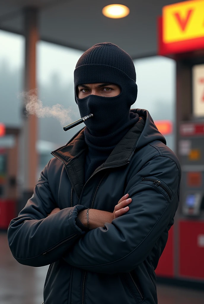 Animated man with balaclava with brown eyes smoking an electronic cigarette at a gas station and seen full body with a trapper pose and the gas station is better seen