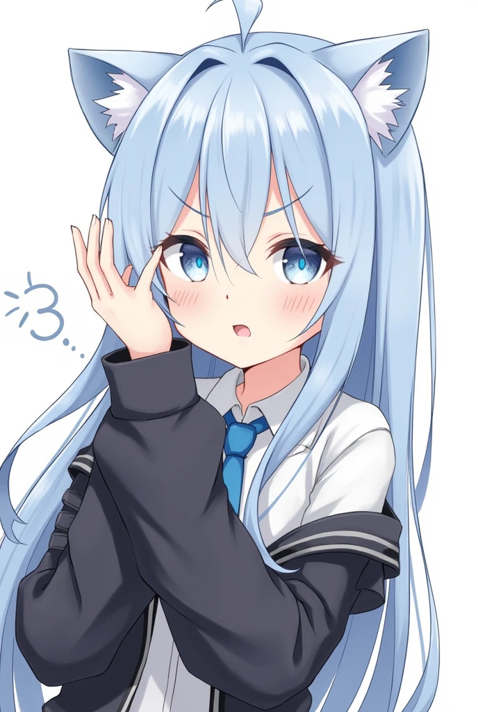 One girl, Animal ears, blue eyes, Long Hair, Blue Hair, Long sleeve, bangs, Cat ear, Upper Body, Focus Only, hair ornaments, Sleeves are longer than the wrist, blush, White Background, collared shirt, Simple Background, shirt, View your viewers, Jacket, black Jacket, One side up, Hair between the eyes, Slope, ;3, Slope background, Blue background,Stupid,Scruffy dressing