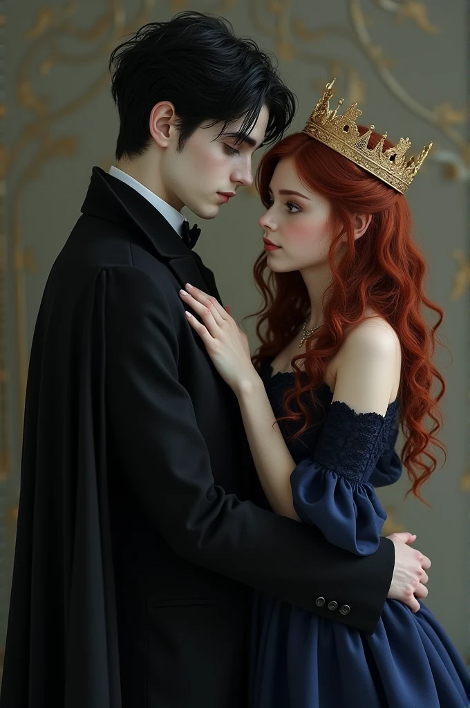 I want a picture of a tall vampire boy,pale,Without beard,dark eyed,with black and disheveled hair, wearing a completely black suit and black crown,holding a human girl by the waist, redhead, brunette,short in stature,with a navy blue dress and she with a golden crown She was 17 years old and he was 21