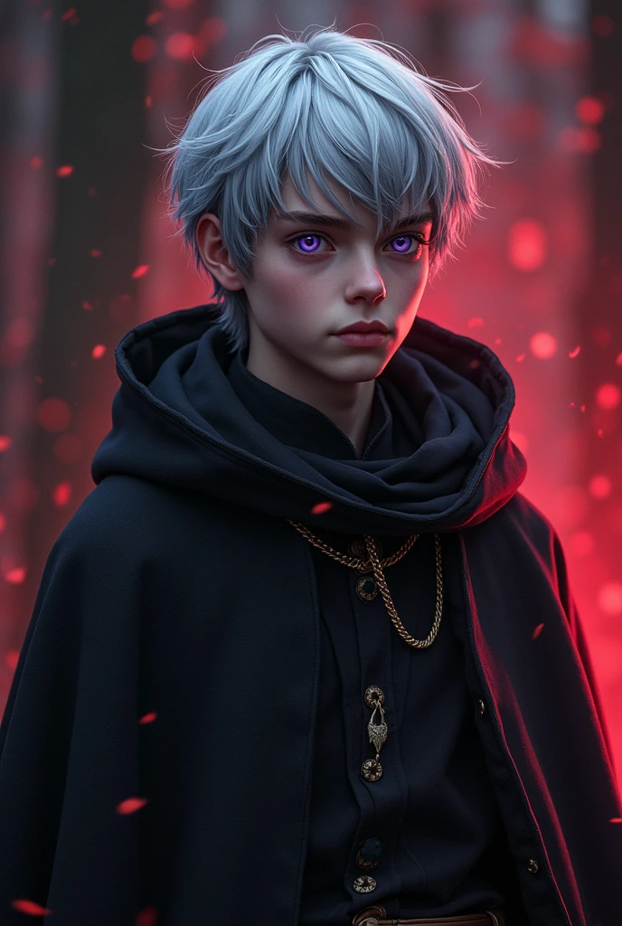 Character based on the world of Lord of the Rings, A high-fantasy horror, dark lord, a ager half-elf boy with silver short hair and purple eyes, Dark wizard, A boy wearing a black long cloak, mirkwood, younger half-elf sorcerer, realism, red and dark magic