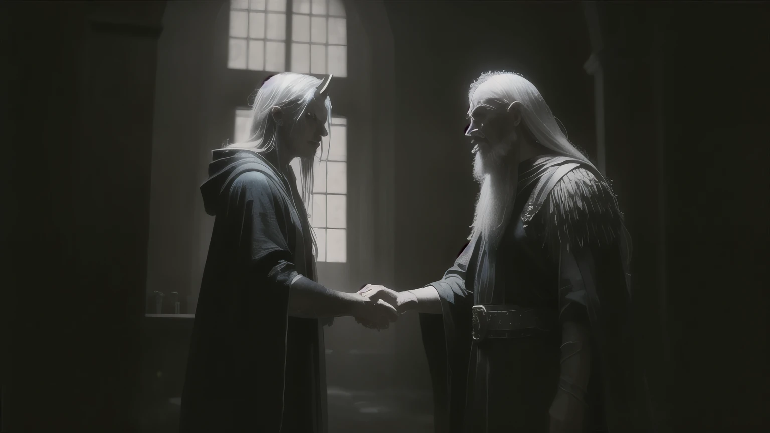 realistic, masterpiece, best quality, old wise wizard and satan shaking hands, moody lighting, glow, glowing, mysterious, mystical, magical, rim lighting