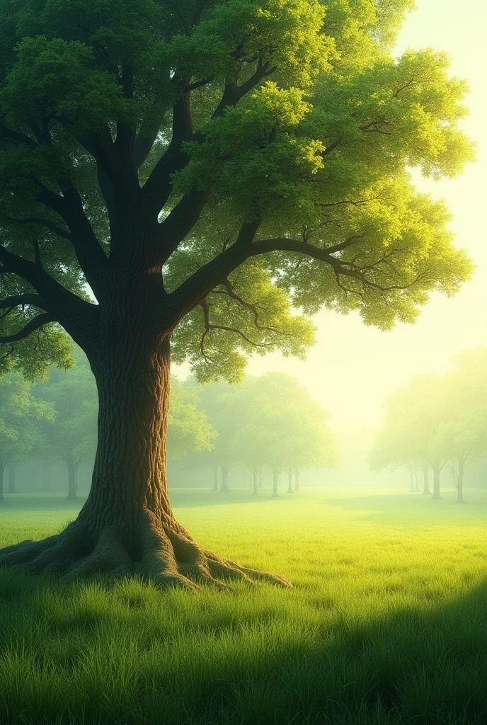realistic forest landscape green field with a tree on the left illuminated by the sun on the right, without so many trees