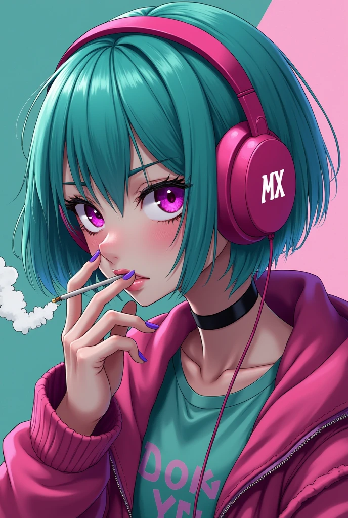 anime cyberpunk angry girl, pink headphones, turquoise short hair, cigarette, pink eyes, MX text, five fingers