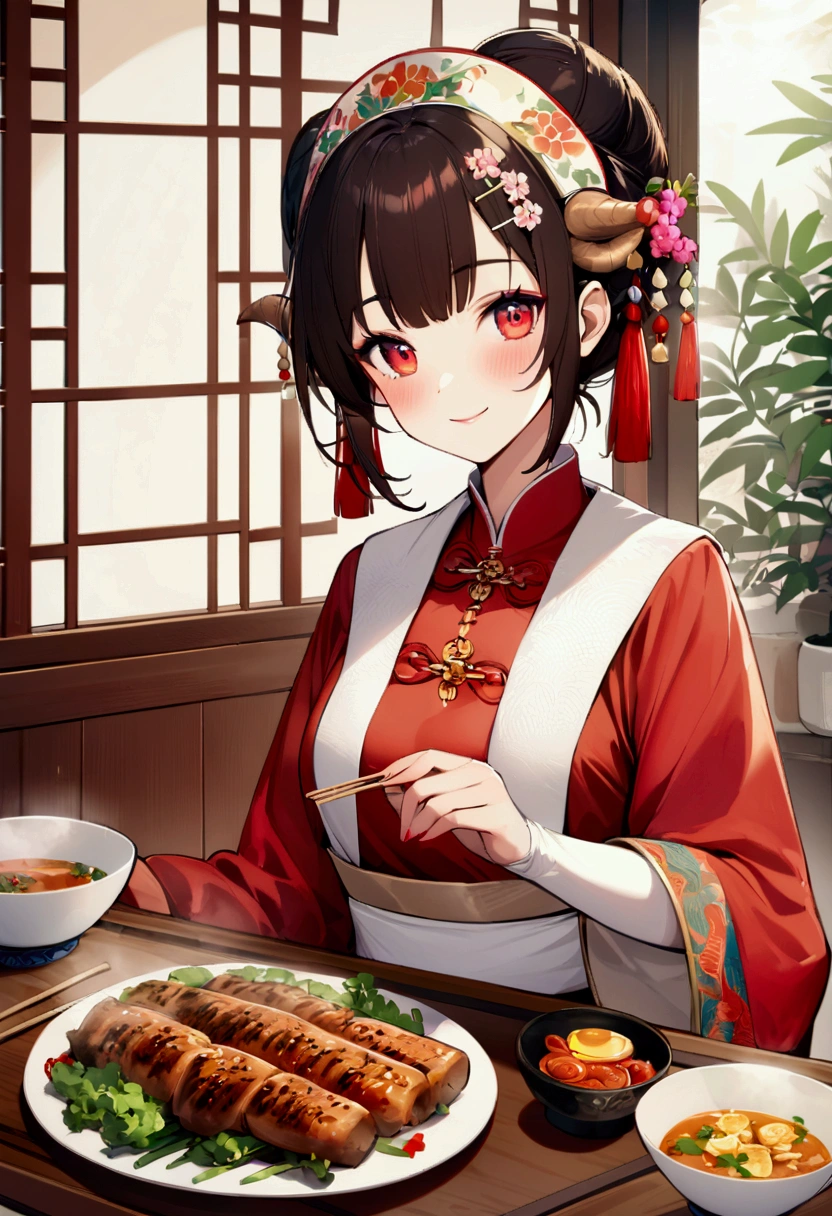A girl from Daliang happily enjoying Tatar barbecue。她坐在一张精致的木质dining table前,On the table is a plate of golden、Fragrant barbecue。
**Character details**:
- **Girly appearance**:She is smiling,Show a happy mood。Her red eyes sparkled with joy。
- **apparel**:少女穿着大梁国传统apparel,apparel上绣有精美的龙形图案,Rich colors and classic beauty。Clothes are as smooth as silk,Decorated with delicate gold edges and patterns。
- **hairstyle**:她的hairstyle盘成复杂的发髻,Decorated with exquisite hairpins and hair accessories。
**decorative details**:
- **dining table**:dining table上除了烤肉外,There are also traditional Chinese tableware.,Such as blue and white porcelain bowls and chopsticks。There are several flowers decoration on the desktop,Adds some elegance。
- **background**:background墙上挂着大梁国风格的装饰画,Showing a unique cultural atmosphere。There are several pots of carefully maintained bamboo in the corners.,Add a natural touch。
**Special elements**:
- **Chinese dragon's horns**:少女的头饰上装饰着象征Chinese dragon's horns,These dragon horns are colorful and full of mystery,与她的apparel相得益彰。
**Light and shadow effects**:
- **Light**:Light从窗外斜射进来,Illuminating the girl and the barbecue in front of her,Create a warm and comfortable dining atmosphere。