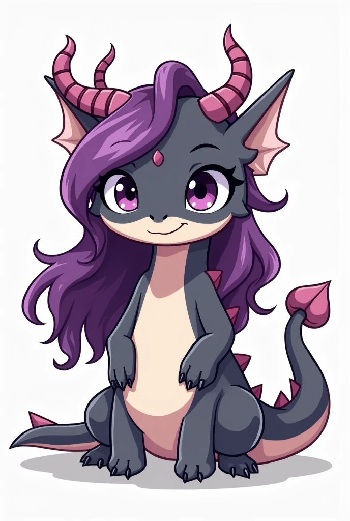 A girl dragon plushie in dark grey and white triangular face with long purple hair, twisted horns, with a visible breasts and wings cartoon style illustration