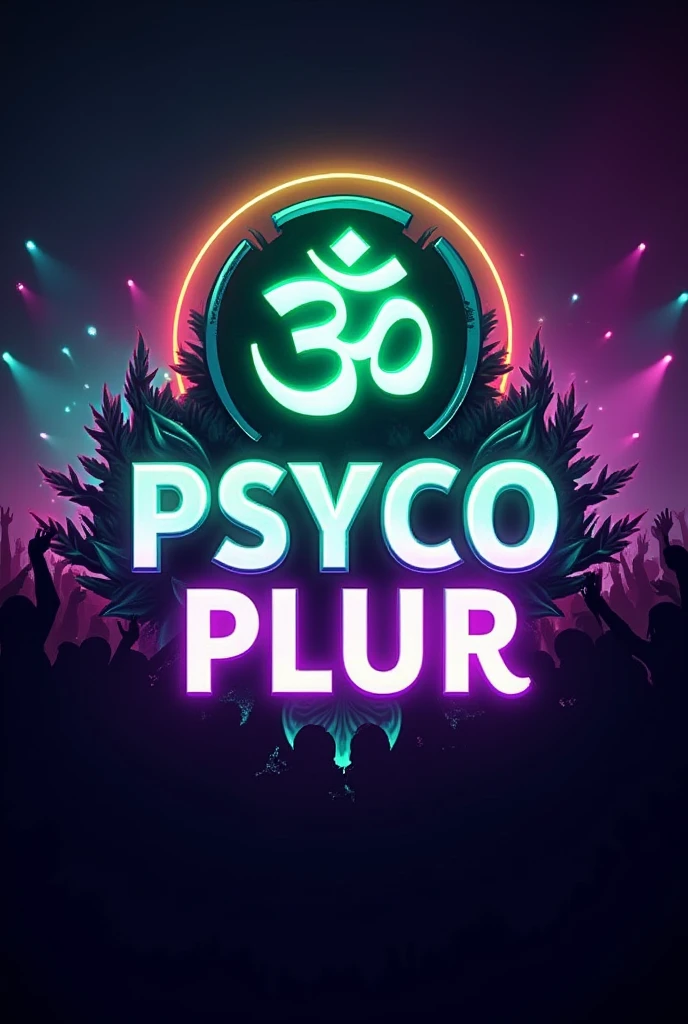 Moba style game guild logo, with the name "Psyco Plur" with the theme of psytrance music and written in neon green and purple, in the background with the Ohm symbol of Hinduism and a representation of a rave party.