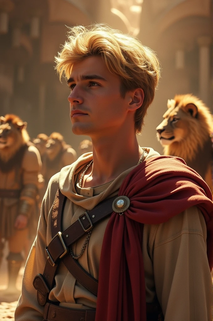 ((best quality)), ((masterpiece)), (detailed), perfect face Persian guards help Daniel, adult with short blond hair, coming out of the lion's den. Daniel looks at the sky, Expressing gratitude, as Dario approaches to greet him.