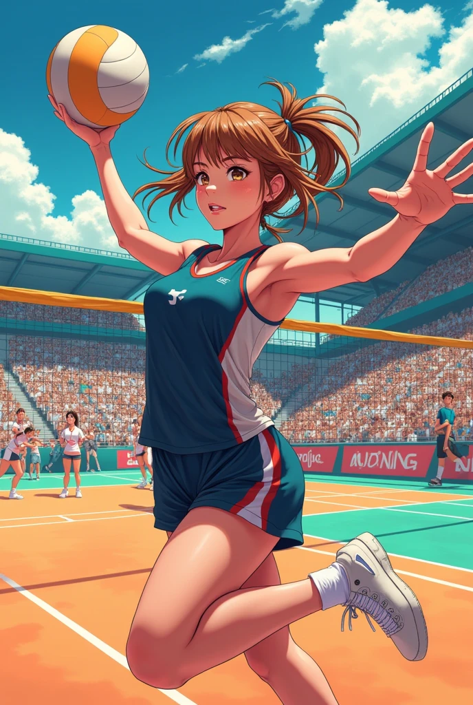 A woman with light brown hair and eyes, white, blocking a volleyball anime version