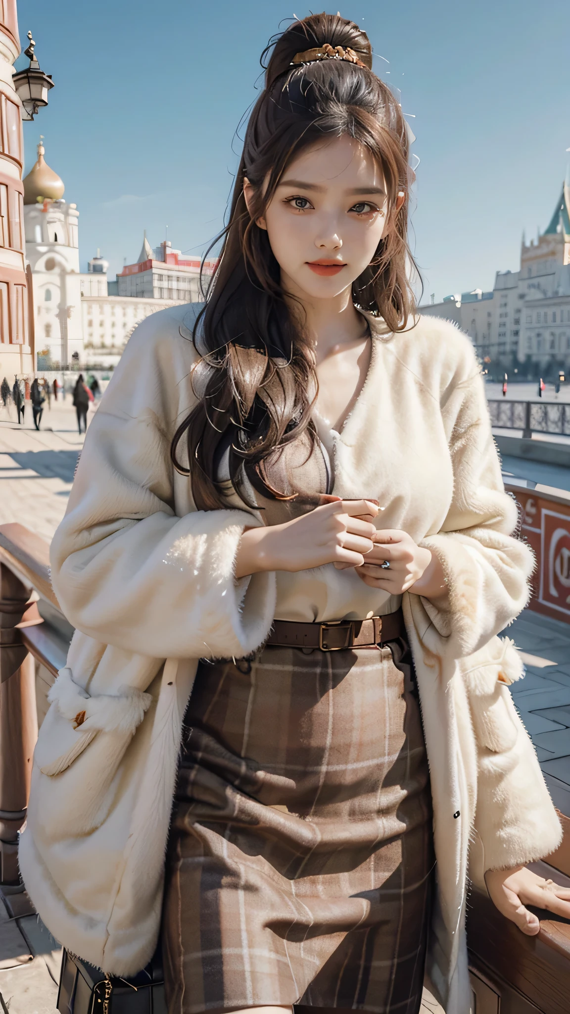 1girl, plaid shirt, fur coat, Kremlin Palace background, outdoo, beehive,best quality, ultra high res, photorealistic,