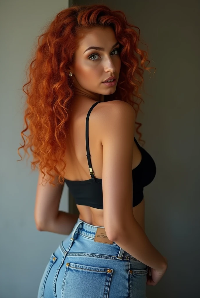 (Realistic photo of a beautiful woman, full body picture, 35 years old, grey eyes, full full lips, red hair, jeans, long curly hair, curls, big boobs, tanned skin, jewellery, realistic, soft lighting, professional photography, photorealistic, detailed, RAW, sharp focus, ultra-high resolution, best quality, masterpiece, (best quality, high-resolution, ultra-detailed:1. 2), HDR, bright colours, sexy,  earrings, jeans, backside
