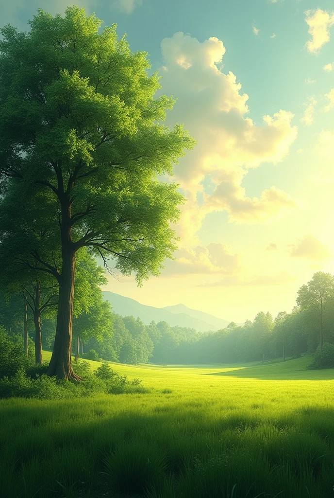 realistic forest landscape green field with a tree on the left with the sun on the right, without so many trees


