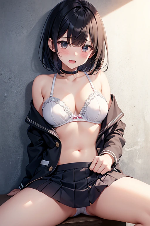 Remove your blazer and blouse to your shoulders、Stop pressing your belly button、Just take off your bra straps、Miniskirt、White underwear、Black hair straight、Shortcuts、Embarrassed、Hide your chest、Shoulder Bare、Blushing、Cry、Open your mouth、sit、Spread your legs、Leaning against a wall