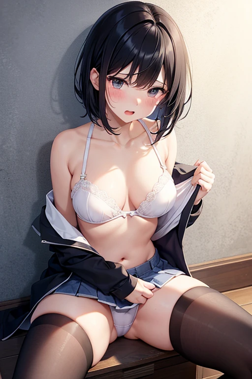 Remove your blazer and blouse to your shoulders、Stop pressing your belly on、Just take off your bra straps、Miniskirt、White underwear、Black hair straight、Shortcuts、Embarrassed、Hide your chest、Shoulder Bare、Blushing、Cry、Open your mouth、sit、Spread your legs、Leaning against a wall