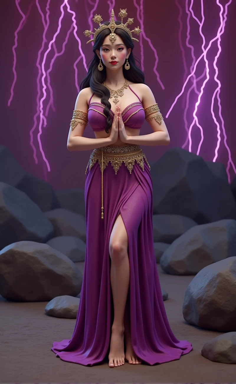 (1 nubile genie, 100% Anatomically Correct, in namaste pose, kneeling in namaste pose, on knees in namaste pose, perfectly rendered hands & fingers, perfectly rendered feet & toes, highly detailed face, detailed eyes, lips and skin texture, bodacious body, deeply hypnotized, deeply entranced, intricately detailed harem clothing, exotic regalia, erotic outfit, fiery purple lightning environment, dynamic lighting, vivid colors, photorealistic, cinematic composition, masterpiece, best quality, 8k, highly detailed)