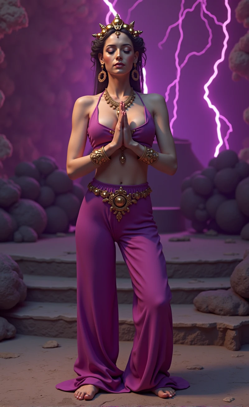 (1 nubile genie, 100% Anatomically Correct, in namaste pose, kneeling in namaste pose, on knees in namaste pose, perfectly rendered hands & fingers, perfectly rendered feet & toes, highly detailed face, detailed eyes, lips and skin texture, bodacious body, deeply hypnotized, deeply entranced, intricately detailed harem clothing, exotic regalia, erotic outfit, fiery purple lightning environment, dynamic lighting, vivid colors, photorealistic, cinematic composition, masterpiece, best quality, 8k, highly detailed)