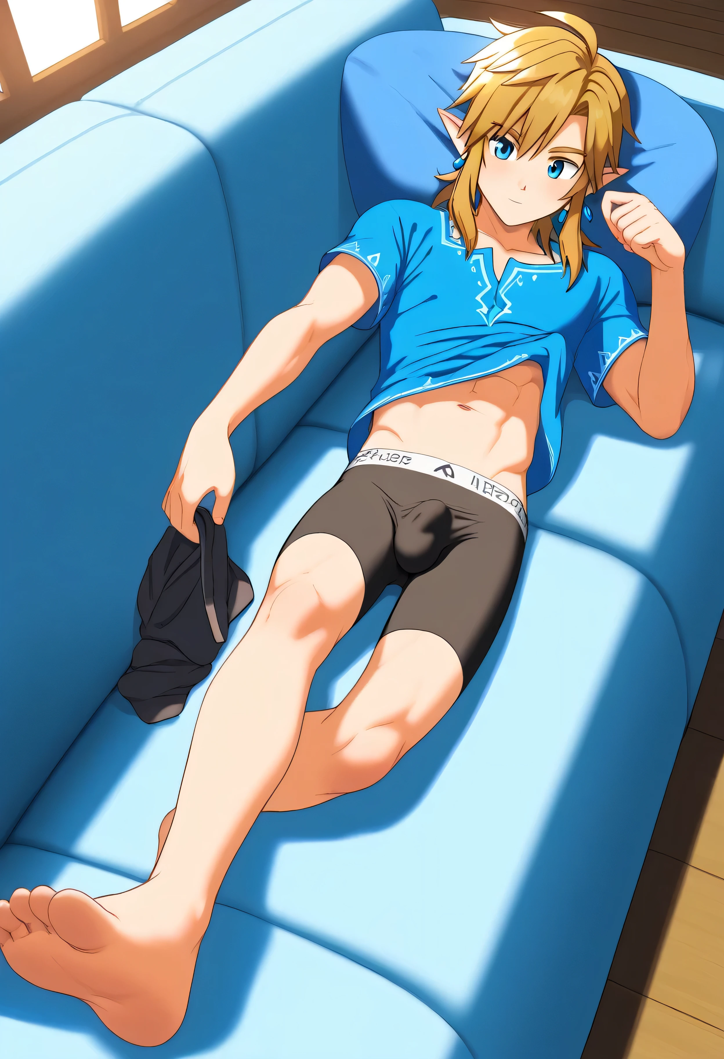 (Masterpiece), (Best Quality), ((Highly Detailed)), Link from botw, medium hair, blond hair, blue eyes, blue earrings, full body, male, boy, at home, lying on a sofa, horny, bulge in the crotch, 4k, 8k, anime style