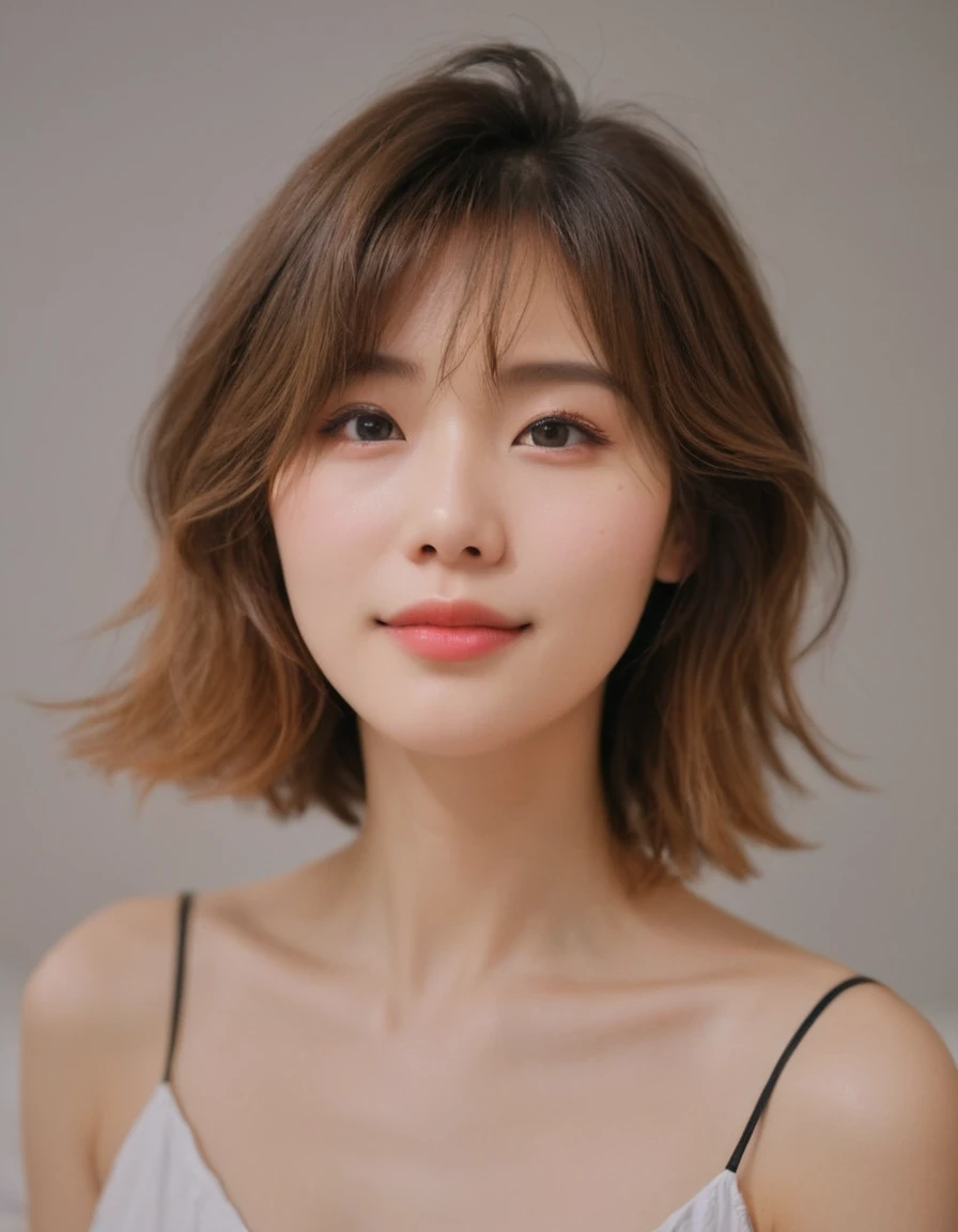 masterpiece, beautiful girl, Brown eyes、beautiful, Goddess-like smile、((Facial lighting:1.5)、((No underwear:1.9))、Exposed armpits:1.4、detailed, beautiful目, (Wear revealing clothing, thin, transparent, Strapless camisole:1.7)、(Brown short bob cut:1.5)、Highest quality, 超High resolution, (reality: 1.4), Original photo, One Girl, Cinema Lighting, (Laughter:0.6), Japanese, Asian Beauty, Korean, Proper, 本当にbeautiful, A slightly younger face, beautifulスキン,Orange Hair、 slim and small breasts, Wear a Strapless camisole that flatters your figure:1.6、Night view background, (超reality的な), (Raising awareness), (High resolution), (8k), (非常にdetailedな), (The best Raising awarenessns), (Beautiful and detailed eyes), (超detailedな), (wallpaper), (detailedな顔), Looking at the audience, 細かいdetailed, detailedな顔、Deep Shadow、Inconspicuous、Pure erotic face ace_v1、46 point diagonal bangs、Look straight ahead、I can see her small breasts, Flat Chest、Brown eyes、