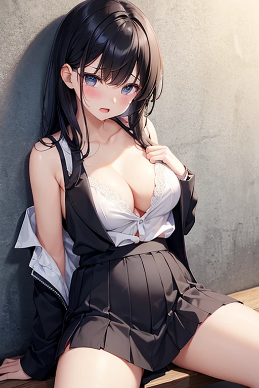 Remove your blazer and blouse to your shoulders、Button the blouse at the belly、Just take off your bra straps、Miniskirt、White underwear、Black hair straight、Shortcuts、Embarrassed、Hide your chest、Shoulder Bare、Blushing、Cry、Open your mouth、sit、Spread your legs、Leaning against a wall