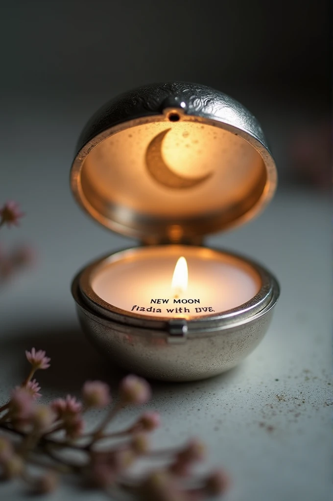 Imagine a delicate and small reliquary, made of polished silver, with a perfect circular shape. When opened, you see a crescent moon precisely carved into one of the inner faces. Above the moon, the phrase "New Moon" is engraved, in elegant and thin letters, also in silver. Just below the moon, there is a space to engrave a special date, perfectly aligning with the reliquary's minimalist and sophisticated design. Everything within this small circle glows softly, subtly reflecting light, maintaining a refined and timeless look.