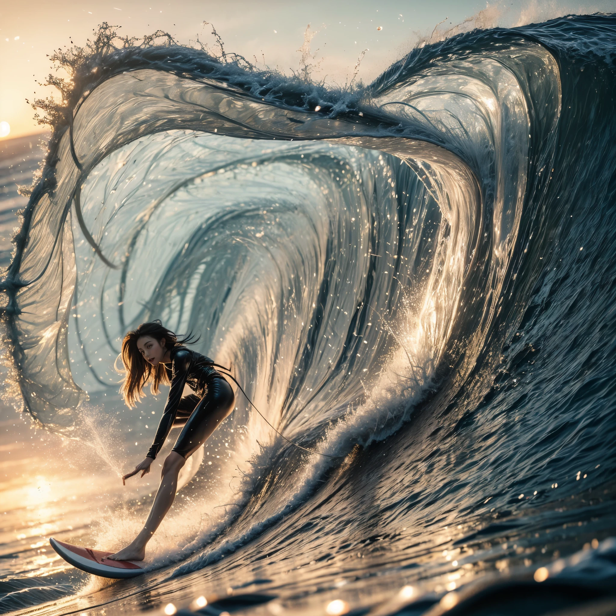 (Luminism:1.28), Side view, TopQuality 8K Masterpiece (ProfessionalPHOTO:1.37) (Extremely Detailed (A girl Riding on a Life Size surfboard)), Colorful morning Glory Rays, (There is Only one surfboard under her foot:1.32) Sparkling Waves Splashing water Particles, Glowing Wet Hair, hourglass body type, Dynamic motion blur, {Perfect Hand|Perfect Limbs}, (Surfing Photos:1.4) (((nothing hold)))