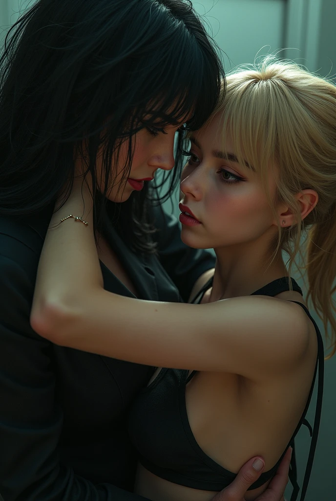 A woman of about thirty, beautiful with powerful features, black hair and eyes, harasses a girl of about twenty years old, who is desperate and points to escape but can not because of the strength of the older woman, she is blonde with cute features of the face
