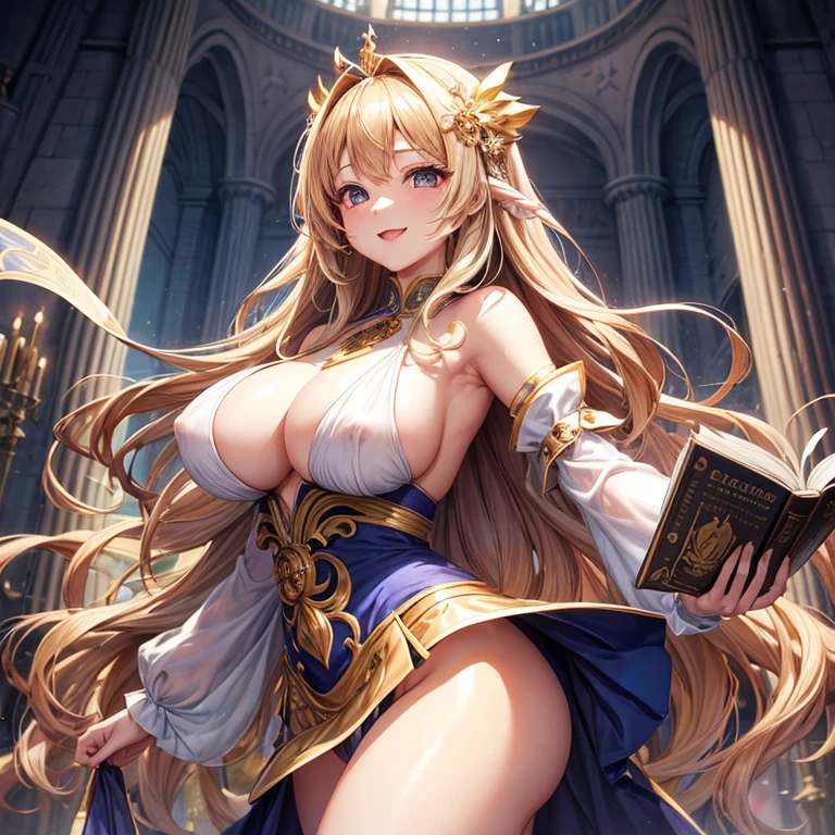 masutepiece, Best Quality,  the Extremely Detailed CG Unity 8K Wallpapers, Beauty Priestess Costume, Long dark blonde wavy hair、gorgeous dress、Gorgeous one-piece flared skirt、Luxurious hair ornaments、Medium milk,  Puffy nipple、cute smile face、Bare shoulders、sexy hips、high-heels、Luxurious magic wand and book、Church of the castle、sexy  pose、(Poses that emphasize the buttocks)、Emphasis on the chest