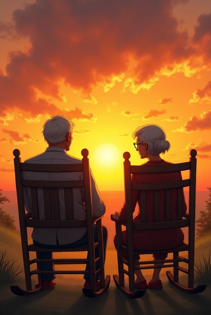 an old man and an old woman with their backs to the sunset, sitting in rocking chairs