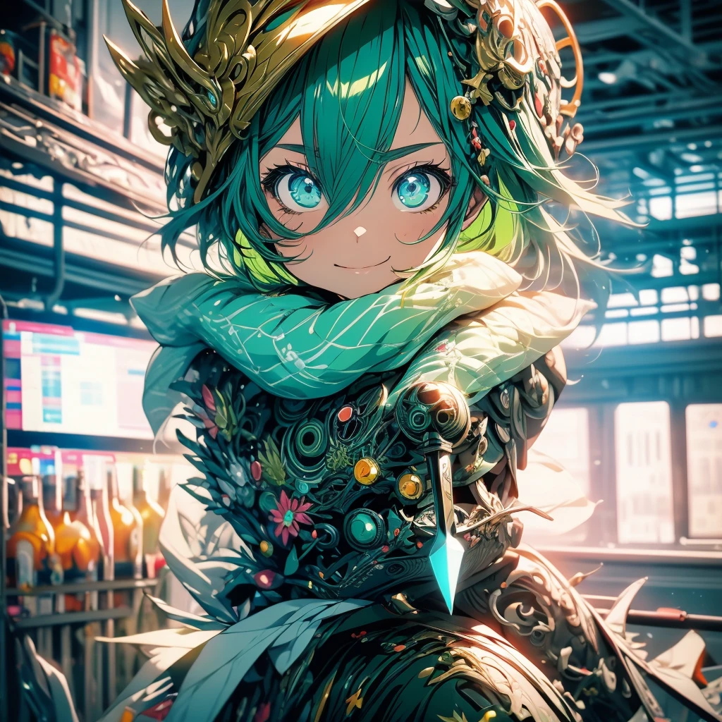 SHARPSHOOTER dota 2, anime style, green color, eye, cute, hoodwink, cute girl, happy