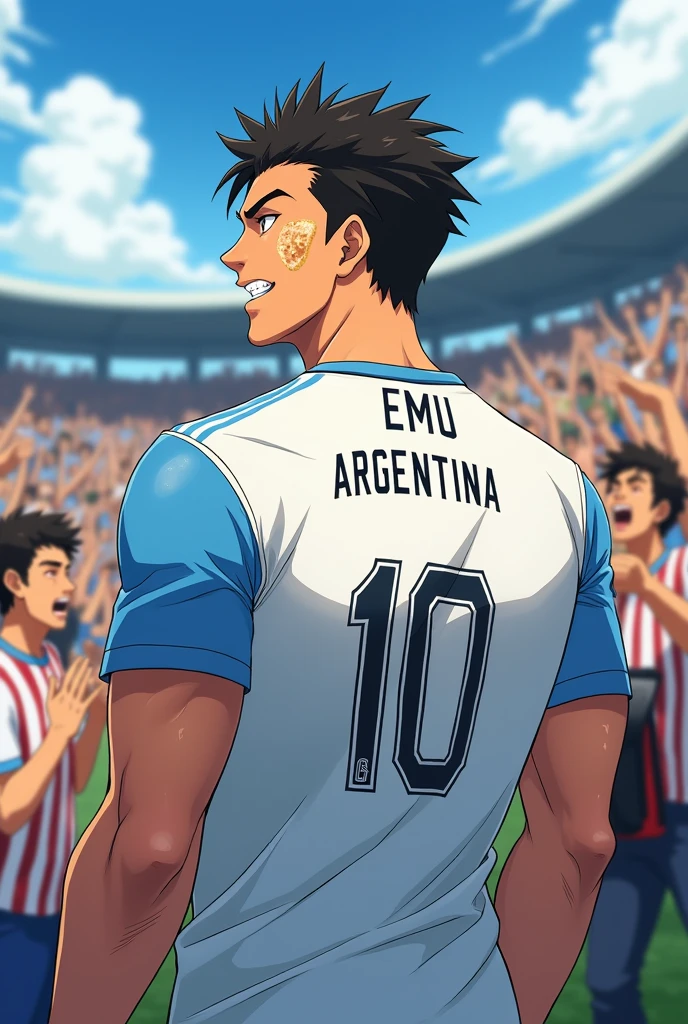 A boy wearing white colour full selves skin t shirt.
Showing his jersey holding on hand to the fans from side line.
Put name "EMU" on jersey and number 10.jersey should be Argentina world cup jersey 2022.
Generate anime pic 26 year old boy bread on his face..anger on eyes..show the back side..not front side