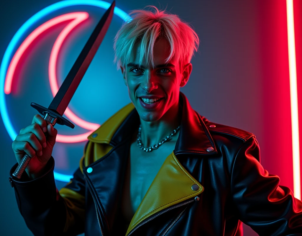 male model,181cm tall, 22 years, pale skin, blue eyes, short platinum blond messy hair with side swept bangs, black leather asymmetrical zip jacket with yellow and bright blue leather accents, holding a dagger up:1.2, dark lighting, inside luxury BDSM room, sneering expression, shark teeth, neon red crescent moon and blue neon sign in background that says "CONTEXT"