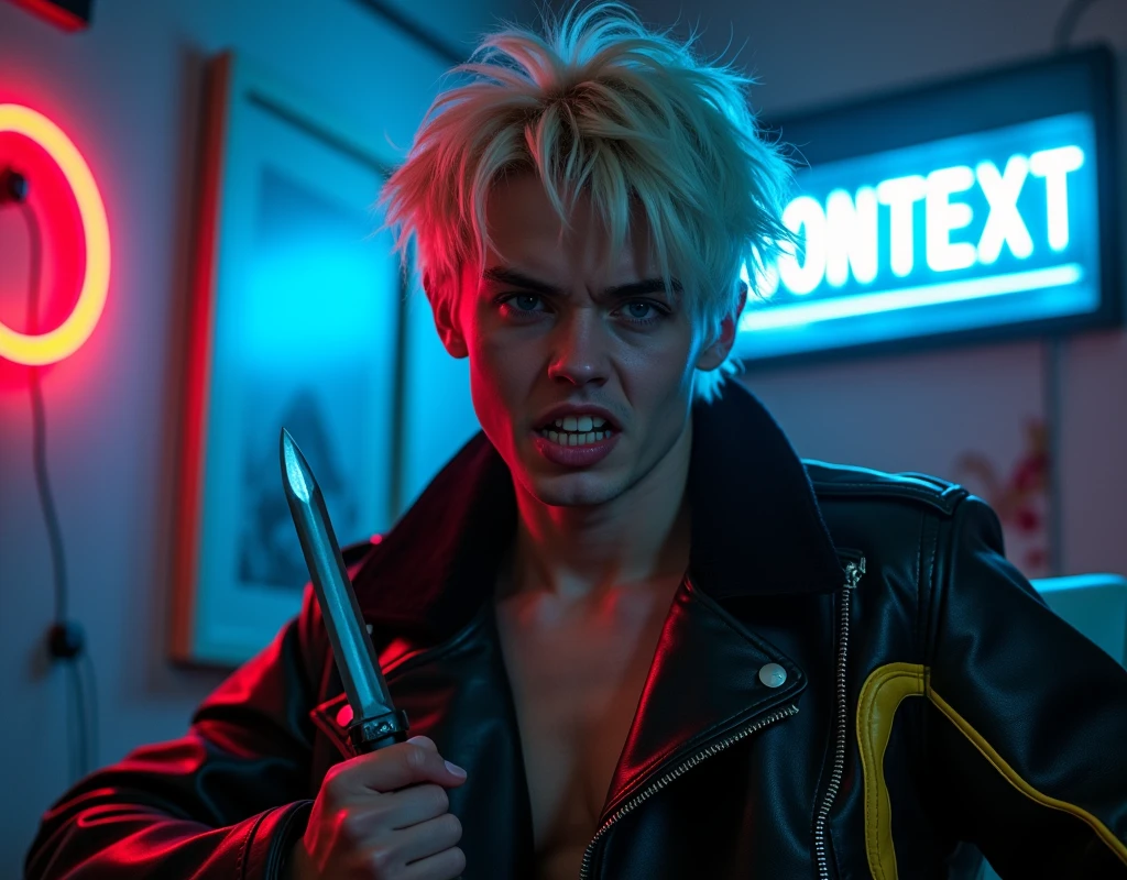 male model,181cm tall, 22 years, pale skin, blue eyes, short platinum blond messy hair with side swept bangs, black leather asymmetrical zip jacket with yellow and bright blue leather accents, holding a dagger up:1.2, dark lighting, inside luxury BDSM room, sneering expression, shark teeth, neon red crescent moon and blue neon sign in background that says "CONTEXT"