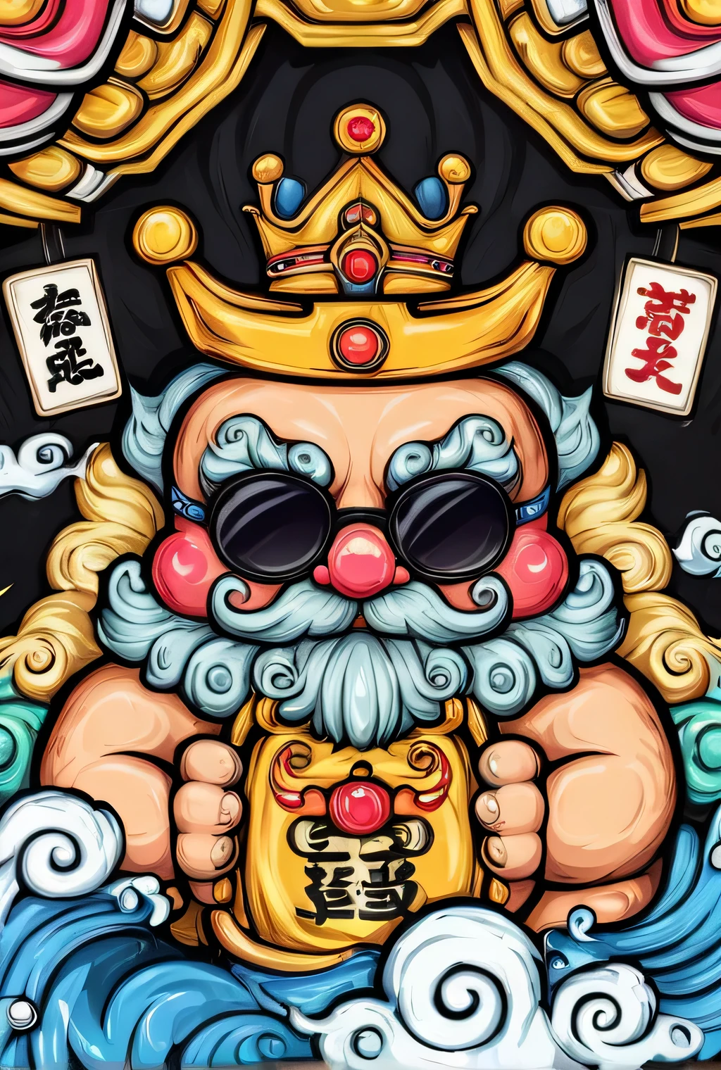 Vector art design inspired by [Young Giant, Pierced Ears, Full Body Tattoo, Black Beard] 1 character, seductive face, wearing sunglasses, mask should be in the center, with a king's crown and prominent facial features, smoking a cigarette, traditional Japanese patterns such as carp, laboo, slot, waves and gold and silver colors are placed on the background, perfectly combined with an aesthetic full of eye-catching elements such as beer, drugs, money, simple details. Raising the middle finger,[black background],[sticker,Logo,T-shirt screen printing design,]Yakuza style,