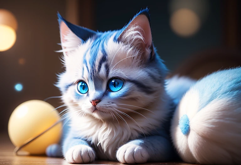 cute little surreal cat com pelos brancos olhos azul, o gatinho está admirando a lua no céu、Little、adorable fluffy、cinematic lighting effects、Charming、very cute、fantasy art、Bokeh、digital painting、soft lighting、4K resolution、 photorealistic rendering、very detailed、a realistic masterpiece、professional photography、