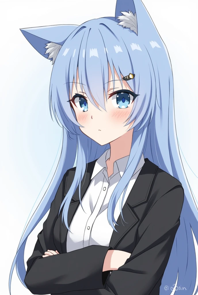 One girl, Animal ears, blue eyes, Long Hair, Blue Hair, Long sleeve, bangs, Cat ear, Upper Body, Focus Only, hair ornaments, Sleeves are longer than the wrist, blush, White Background, collared shirt, Simple Background, shirt, View your viewers, Jacket, black Jacket, One side up, Hair between the eyes, Slope, ;3, Slope background, Blue background,Sexual expressions,Fool,Stupid,clavicle