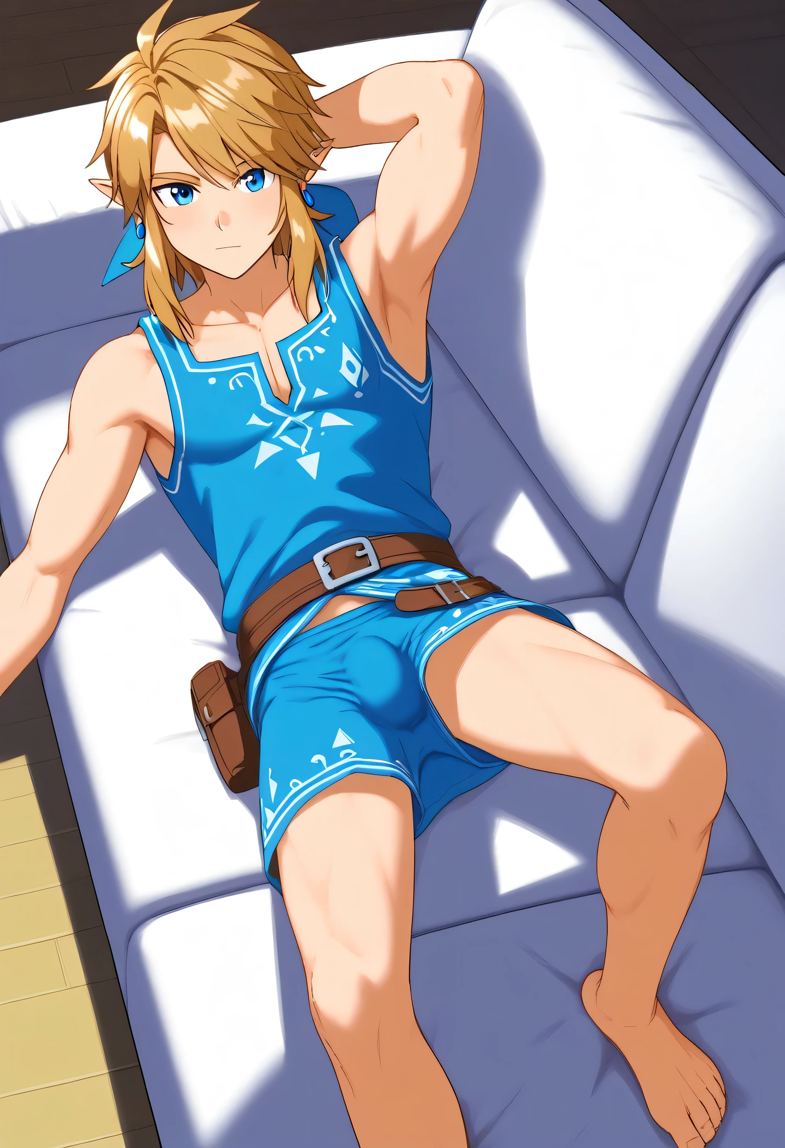 (Masterpiece), (Best Quality), ((Highly Detailed)), Link from botw, medium hair, blond hair, blue eyes, blue earrings, full body, male, boy, at home, lying on a sofa, horny, bulge in the crotch, 4k, 8k, anime style