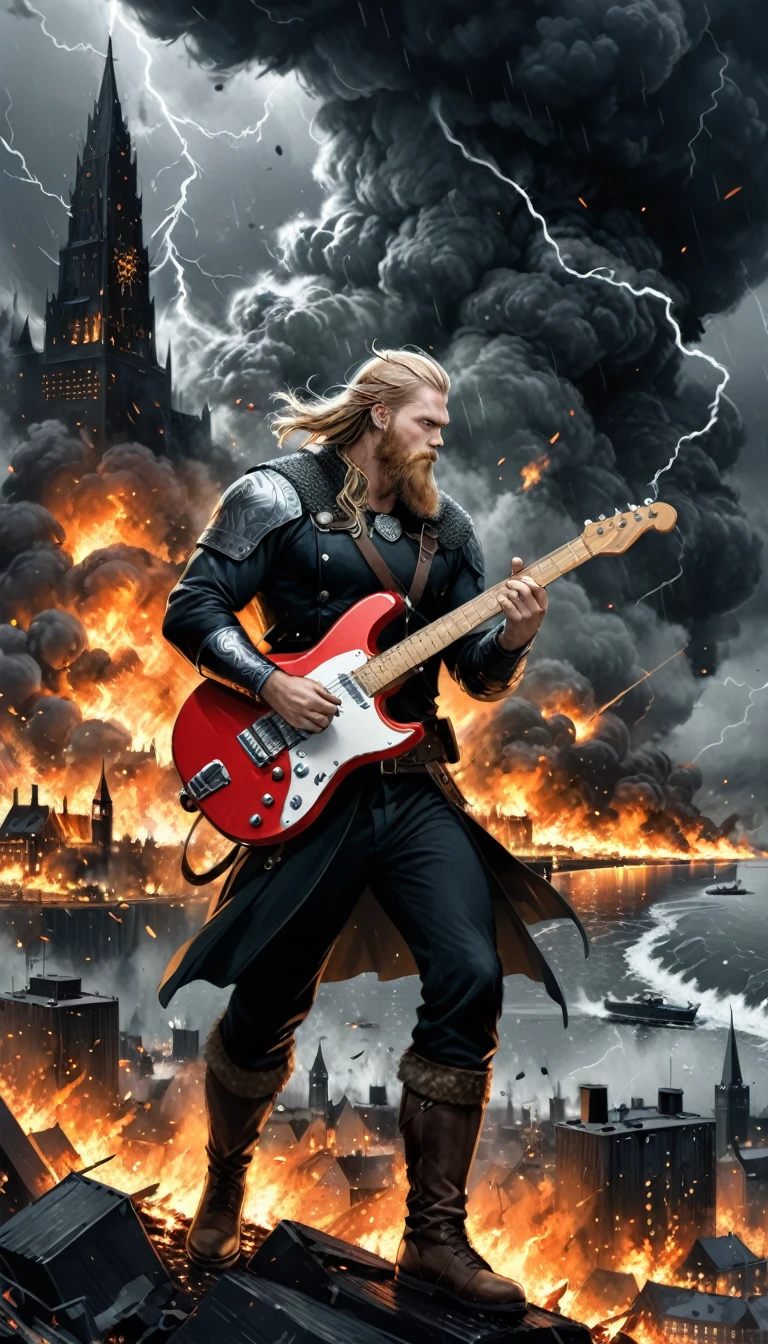 viking man,in the style of Filip Hodas,in the style of Megan Hess,viking man,fine sketches,vivid,storm,landscapes,fantasy,dark,royal air force girls,city on fire,the end of the horizon exploding,masterpiece,fine details,sense of atmosphere,atmosphere,vanishing point composition,